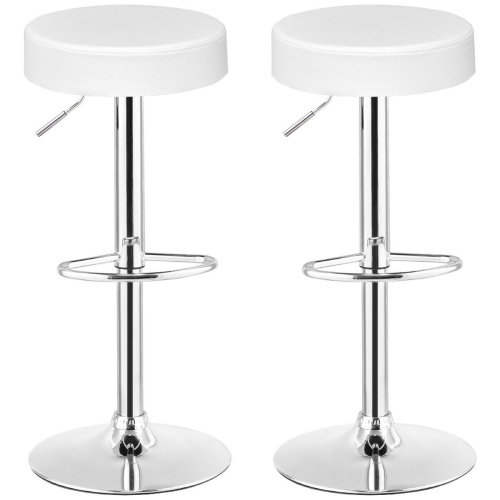 Gymax Set of 2 Adjustable Round Leather Seat Hydraulic Swivel Bar Stool White