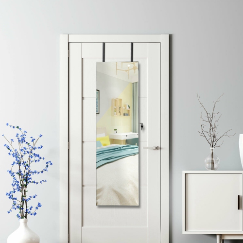 Gymax Wall & Door Mounted Mirrored Jewelry Cabinet Storage Organizer W/ Lights&Drawer