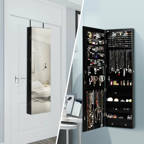 Gymax Wall & Door Mounted Mirrored Jewelry Cabinet Storage Organizer W/ Lights&Drawer