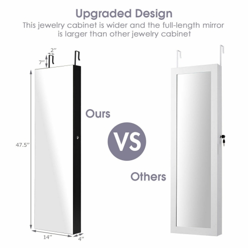 Gymax Wall & Door Mounted Mirrored Jewelry Cabinet Storage Organizer W/ Lights&Drawer