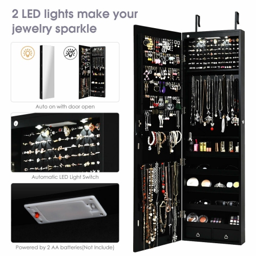 Gymax Wall & Door Mounted Mirrored Jewelry Cabinet Storage Organizer W/ Lights&Drawer