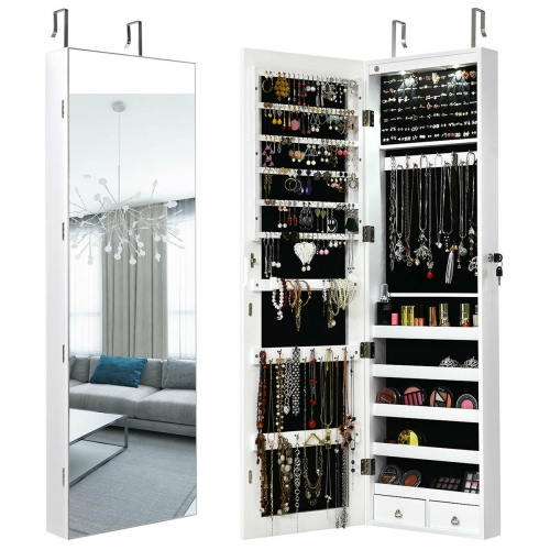 Gymax Wall & Door Mounted Mirrored Jewelry Cabinet Storage Organizer W/ Lights&Drawer
