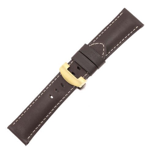 DASSARI Smooth Leather Men's Watch Band Strap with Yellow Gold Deployant Clasp for Panerai - Extra Long - Brown - 22mm