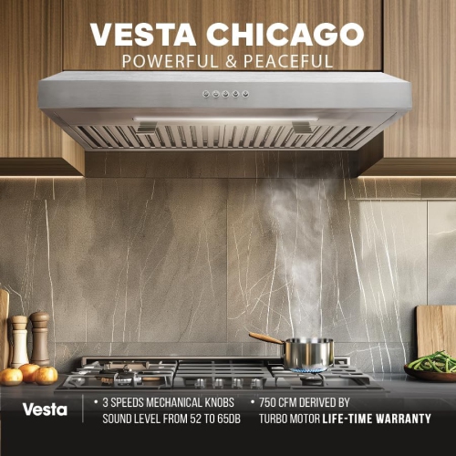 Vesta Chicago 750CFM 30'' Under Cabinet Range Hood With Stainless Steel Body, Single Motor, 3 Speeds Mechanical Button Control, Top Venting Methods