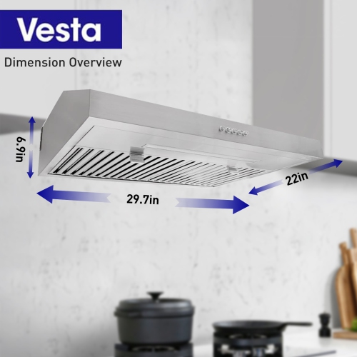 Vesta Chicago 750CFM 30'' Under Cabinet Range Hood With Stainless Steel Body, Single Motor, 3 Speeds Mechanical Button Control, Top Venting Methods
