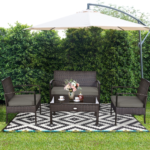 Costway Modern 4-Piece Garden Patio Conversation Set Rattan Wicker Loveseat Sofa with Cushions