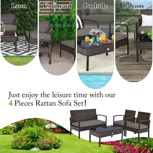 Costway Modern 4-Piece Garden Patio Conversation Set Rattan Wicker Loveseat Sofa with Cushions