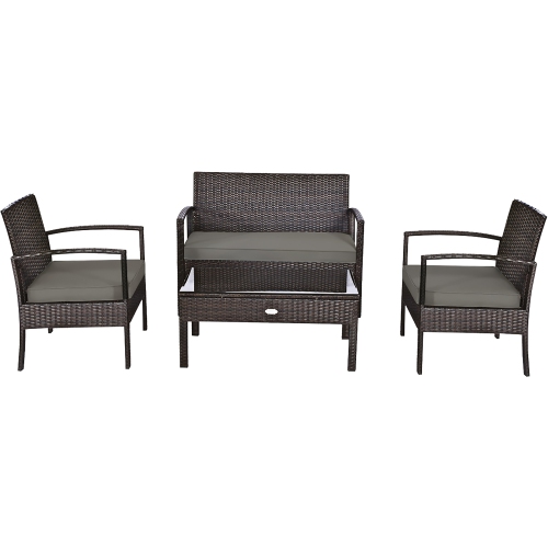 Costway Modern 4-Piece Garden Patio Conversation Set Rattan Wicker Loveseat Sofa with Cushions