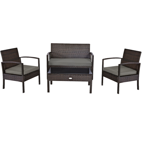 Costway Modern 4-Piece Garden Patio Conversation Set Rattan Wicker Loveseat Sofa with Cushions
