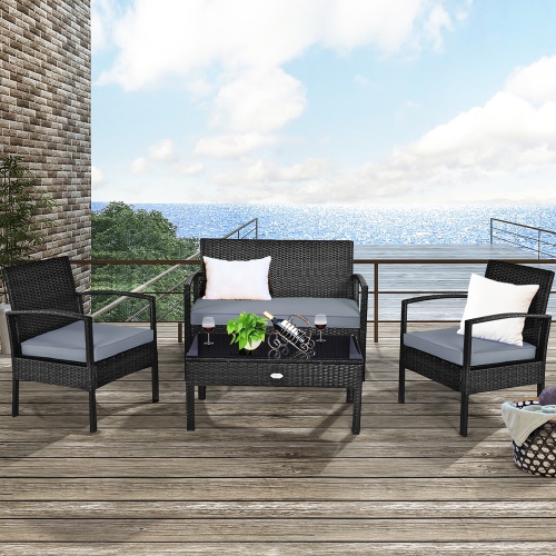 Costway Modern 4-Piece Outdoor Patio Conversation Set Rattan Wicker Table&Cushioned Sofa Furniture Black