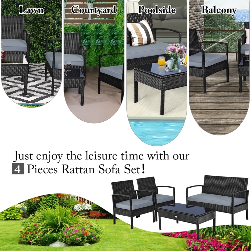Costway Modern 4-Piece Outdoor Patio Conversation Set Rattan Wicker Table&Cushioned Sofa Furniture Black