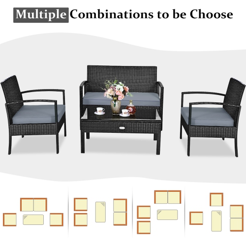Costway Modern 4-Piece Outdoor Patio Conversation Set Rattan Wicker Table&Cushioned Sofa Furniture Black