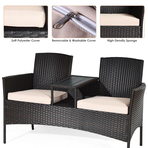 Costway Modern Patio Chat Set Rattan Seat Sofa Loveseat Table Chairs with Cushion
