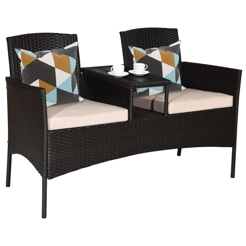 Costway Modern Patio Chat Set Rattan Seat Sofa Loveseat Table Chairs with Cushion