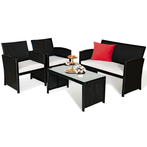 Costway 4PCS Patio Garden Conversation Set Rattan Cushioned Sofa Table Black
