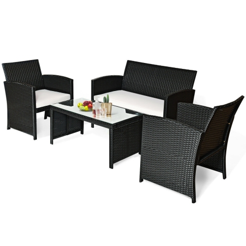 Costway 4PCS Patio Garden Conversation Set Rattan Cushioned Sofa Table Black