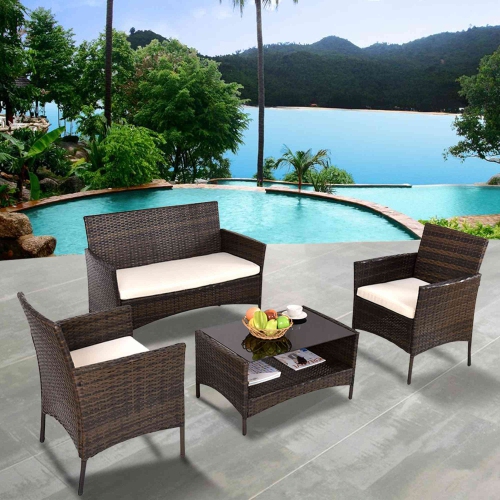 Costway 4PCS Patio Outdoor Garden Rattan Furniture Set Table Shelf Sofa with Beige Cushion