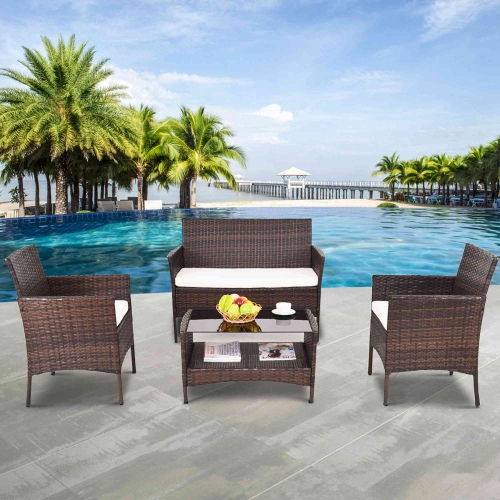 Costway 4PCS Patio Outdoor Garden Rattan Furniture Set Table Shelf Sofa with Beige Cushion