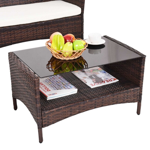 Costway 4PCS Patio Outdoor Garden Rattan Furniture Set Table Shelf Sofa with Beige Cushion