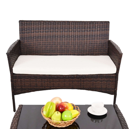 Costway 4PCS Patio Outdoor Garden Rattan Furniture Set Table Shelf Sofa with Beige Cushion