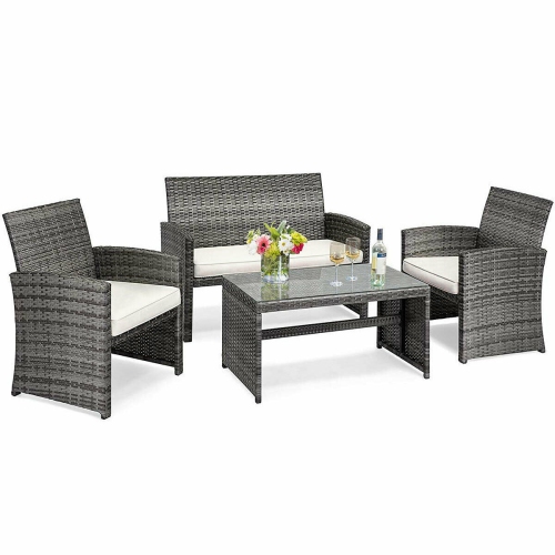 Coatway Modern 4PCS Patio Conversation Set Rattan Cushioned Sofa Chair Glass Table Top