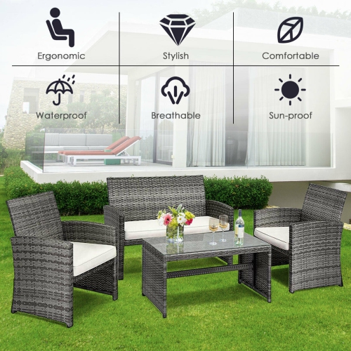Coatway Modern 4PCS Patio Conversation Set Rattan Cushioned Sofa Chair Glass Table Top