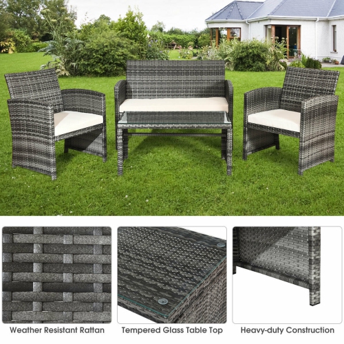 Coatway Modern 4PCS Patio Conversation Set Rattan Cushioned Sofa Chair Glass Table Top