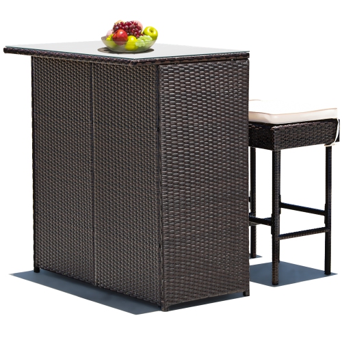 Costway 3-Piece Outdoor Patio Bar Height Bistro Set Rattan Wicker Table&2 Stools Brown