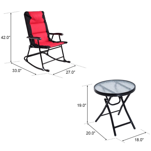 Costway 3pcs Outdoor Folding Rocking Chair Table Set Bistro Sets Patio Furniture Red