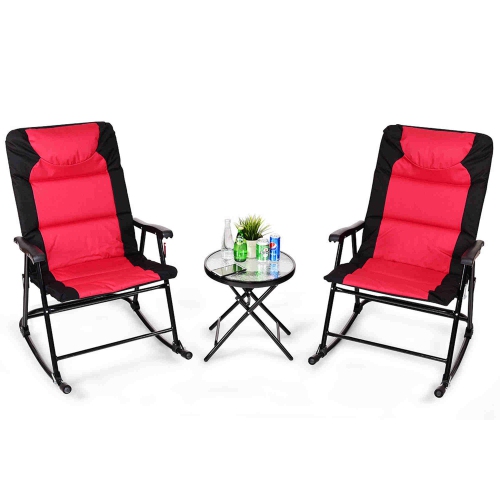 Costway 3pcs Outdoor Folding Rocking Chair Table Set Bistro Sets Patio Furniture Red