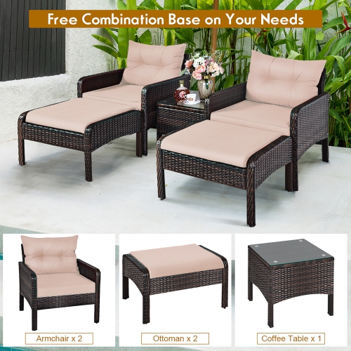 Costway 5PCS Rattan Wicker Furniture Set Ottoman Sofa with Brown Cushion