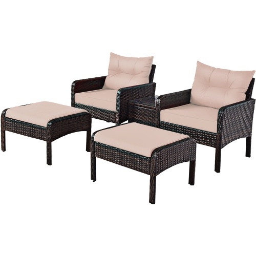 Costway 5PCS Rattan Wicker Furniture Set Ottoman Sofa with Brown Cushion