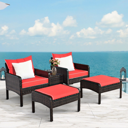 Costway 5-Piece Patio Garden Rattan Wicker Furniture Sofa Set with Red Cushion