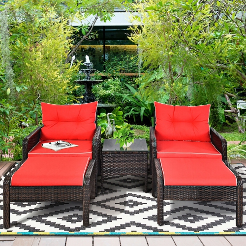 Costway 5 PCS Patio Rattan Wicker Furniture Set Sofa Ottoman Coffee Table Cushioned