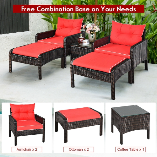 Costway 5 PCS Patio Rattan Wicker Furniture Set Sofa Ottoman Coffee Table Cushioned