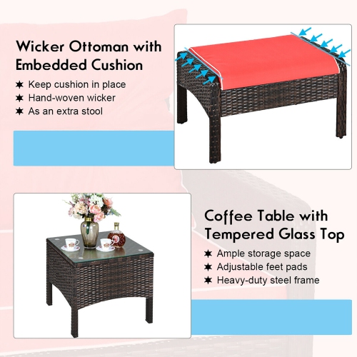 Costway 5 PCS Patio Rattan Wicker Furniture Set Sofa Ottoman Coffee Table Cushioned