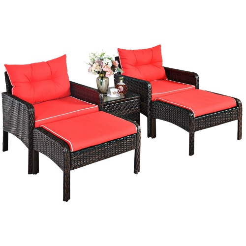 Costway 5 PCS Patio Rattan Wicker Furniture Set Sofa Ottoman Coffee Table Cushioned