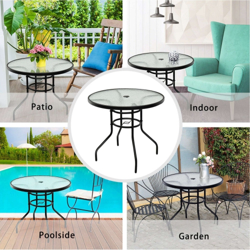 Costway 31.5'' Patio Round Table Tempered Glass Steel Frame Outdoor Pool Yard