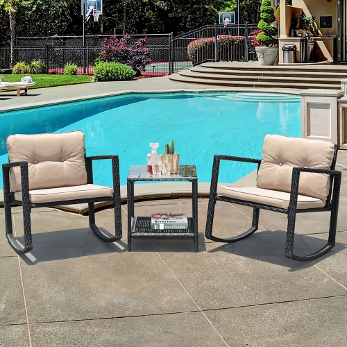 Costway 3-Piece Patio Wicker Bistro Furniture Set w/ 2 Rocking Chairs Glass Side Table Cushions