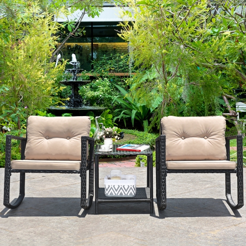 Costway 3-Piece Patio Wicker Bistro Furniture Set w/ 2 Rocking Chairs Glass Side Table Cushions