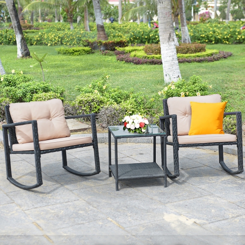 Costway 3-Piece Patio Wicker Bistro Furniture Set w/ 2 Rocking Chairs Glass Side Table Cushions