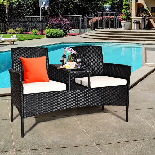 Costway Patio Chat Set Rattan Table&Loveseat Sofa Chair with Cushions