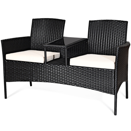 Costway Patio Chat Set Rattan Table&Loveseat Sofa Chair with Cushions