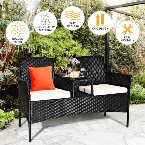 Costway Patio Chat Set Rattan Table&Loveseat Sofa Chair with Cushions