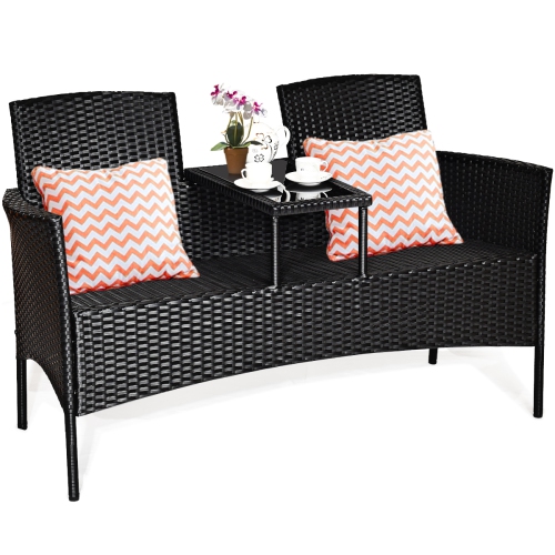 Costway Patio Chat Set Rattan Table&Loveseat Sofa Chair with Cushions