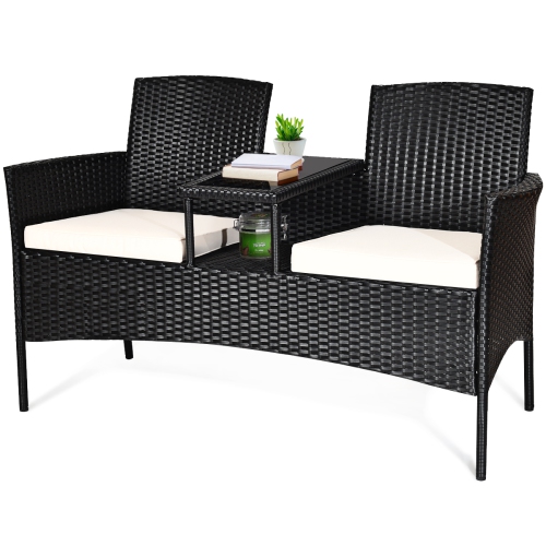 Costway Patio Chat Set Rattan Table&Loveseat Sofa Chair with Cushions