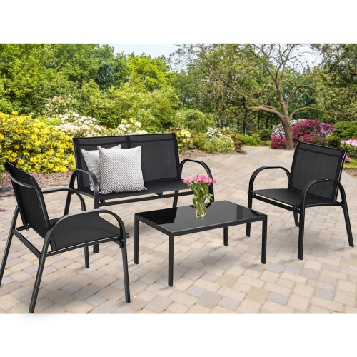 Costway 4 PCS Patio Furniture Set Sofa Coffee Table Steel Frame Garden Deck Black