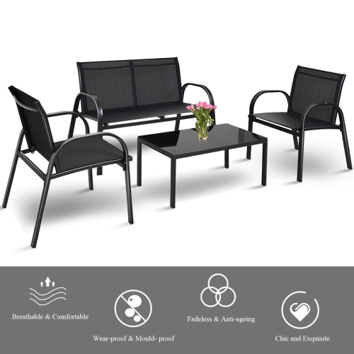 Costway 4 PCS Patio Furniture Set Sofa Coffee Table Steel Frame Garden Deck Black