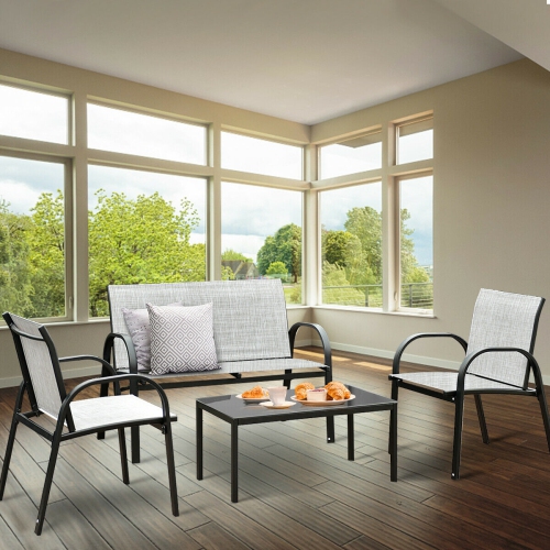 Costway 4 PCS Patio Furniture Set Sofa Coffee Table Steel Frame Garden Deck Gray