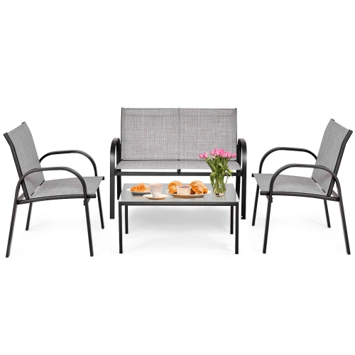 Costway 4 PCS Patio Furniture Set Sofa Coffee Table Steel Frame Garden Deck Gray